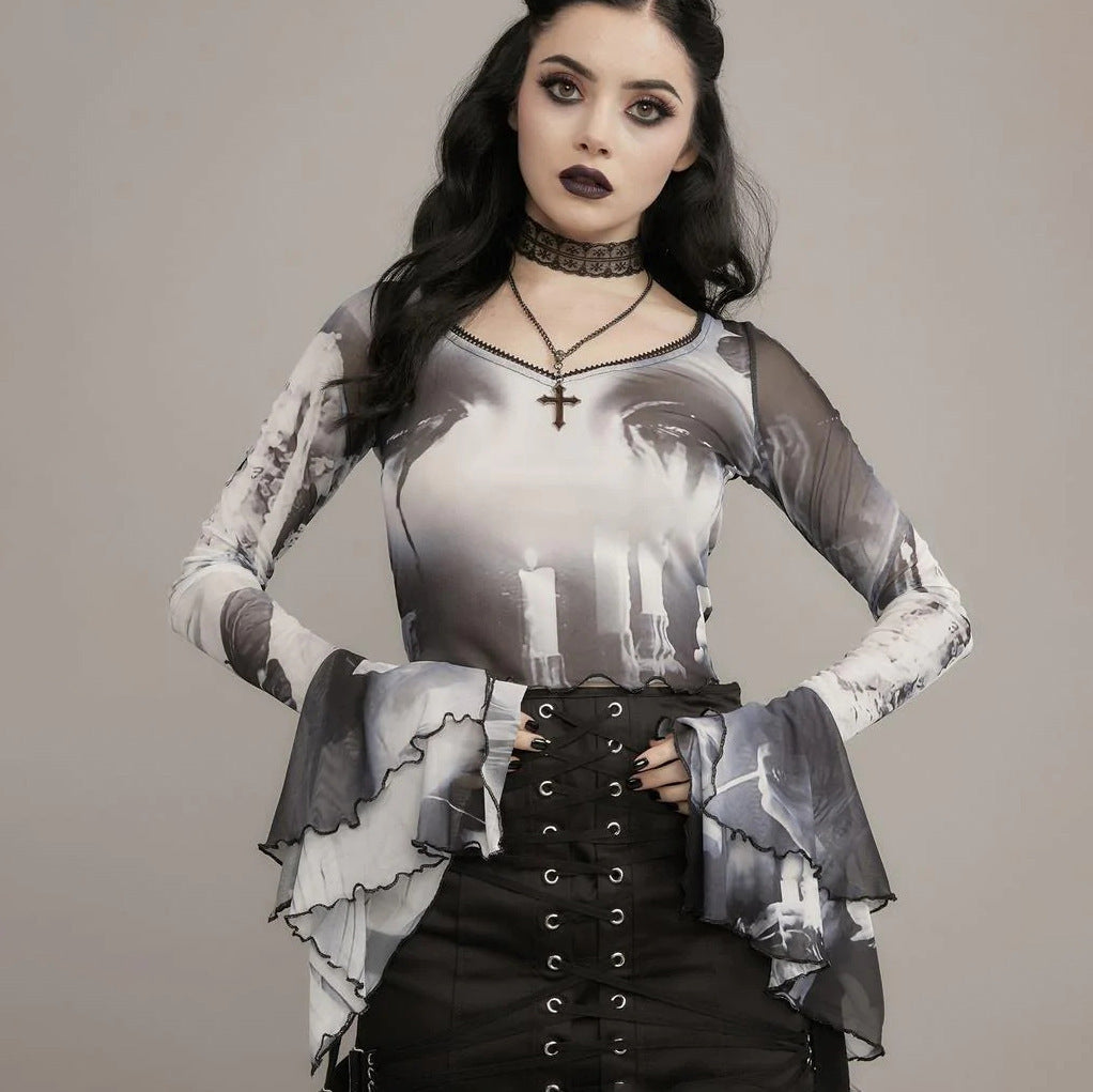 Summer Sexy Trumpet Sleeves Midriff Baring Women Shirts
