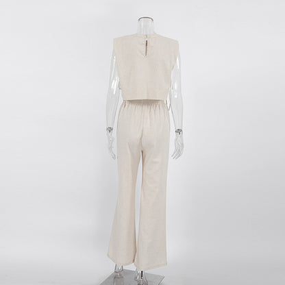 Casual Summer Cotton Linen Sleeveless Tops & Cropped Pants Suits