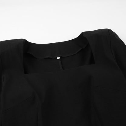 Designed Square Neckline Long Sheathe Black Dresses