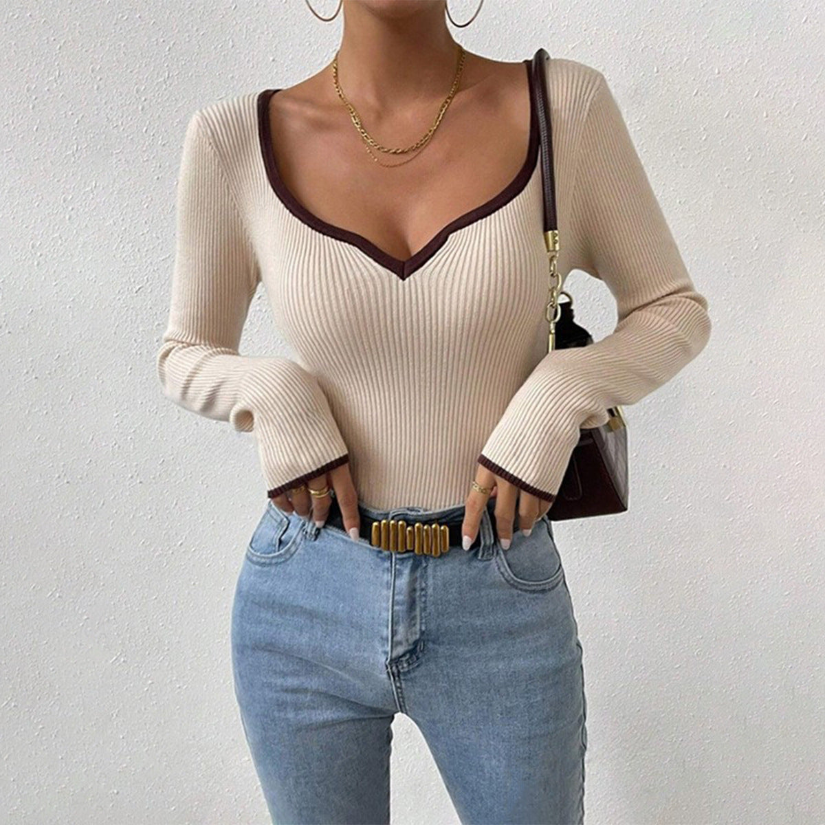Fashion Women V Neck Knitted Shirts