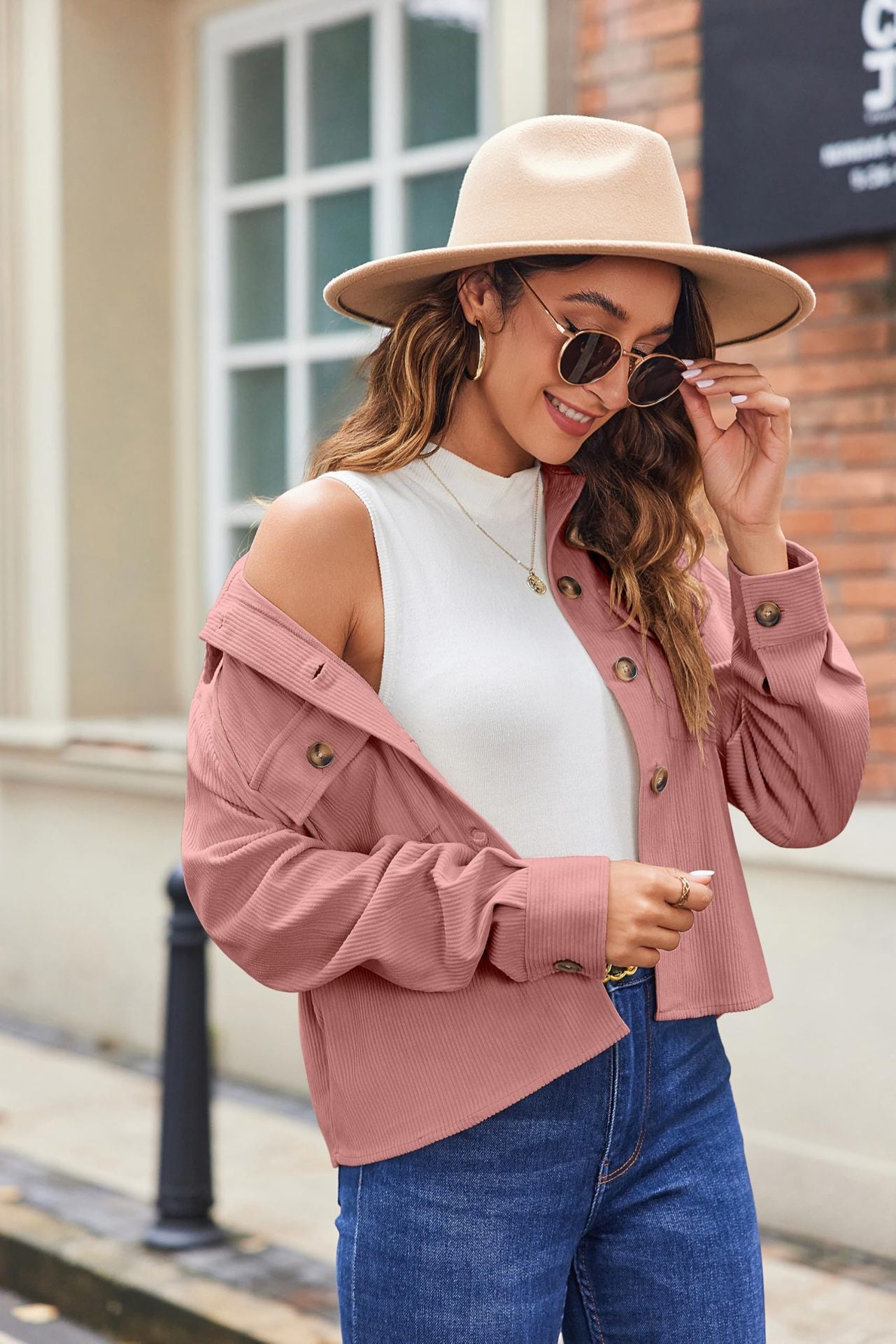Women's Fashion Casual Short Shirt Corduroy Button-up Top Jackets