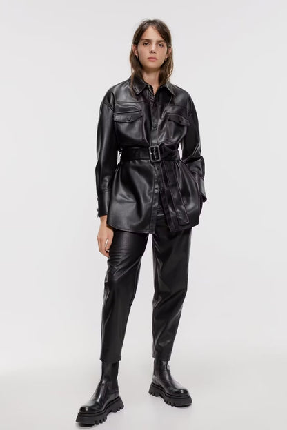 Fashion Casual Pu Leather Jackets Coat with Belt