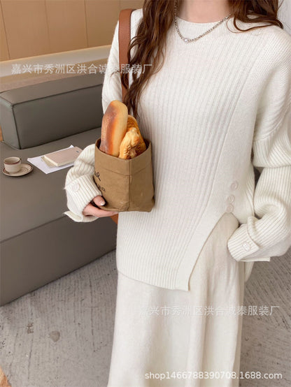 Casual Round Neck Knitted Sweaters & Split Front Skirts