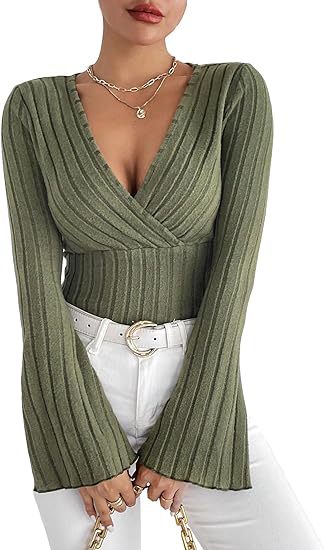 Fashion V Neck Knitted Long Sleeves T Shirts