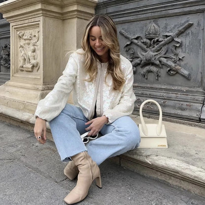 Fashion Sequined Round Neck Top Coats