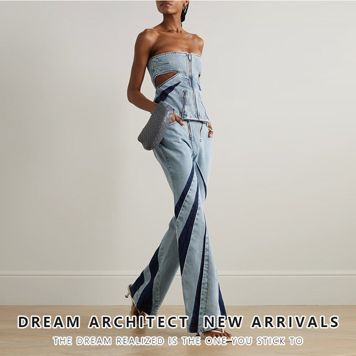 Designed Denim Strapless Tops and Jeans