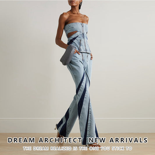Designed Denim Strapless Tops and Jeans