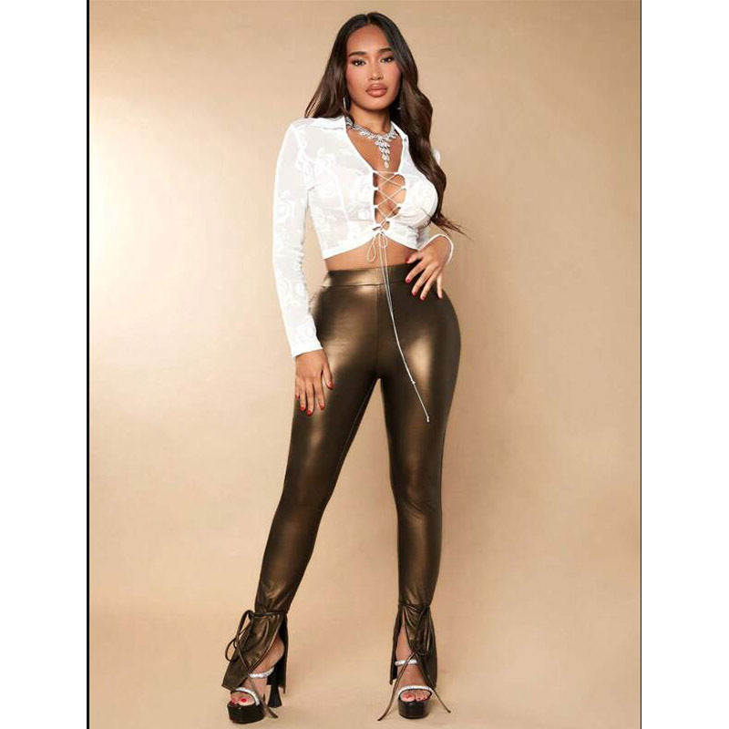 Fashion Elastic Bandage Trumpet Pu Pants
