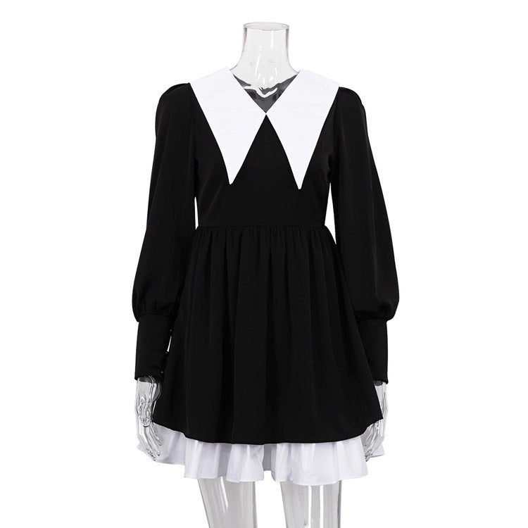 Designer Doll-Collar Cinched-Waist Slimming Little Black Dress