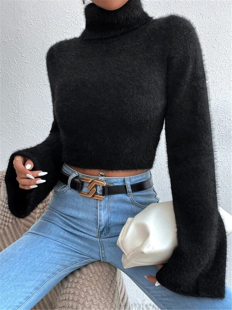 Casual High Neck Midriff Short Sweaters