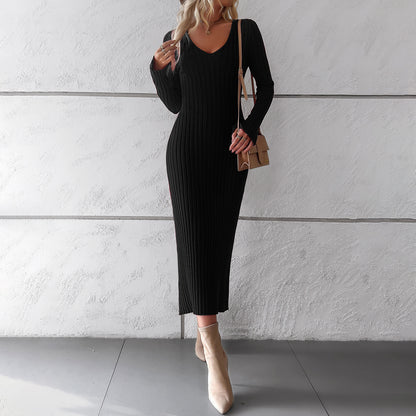 Elegant V Neck Long Sleeves Knitted Dresses