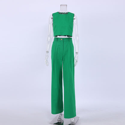Casual Cotton Linen Sleeveless Tops & Wide Legs Pants