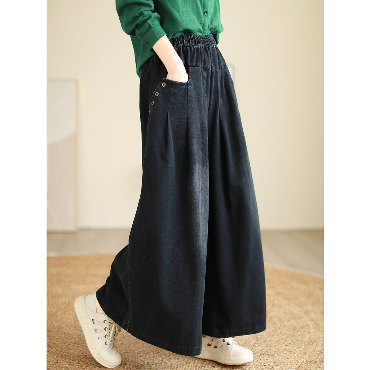 Casual Elastic Waist Fall Wide Legs Jeans for Women