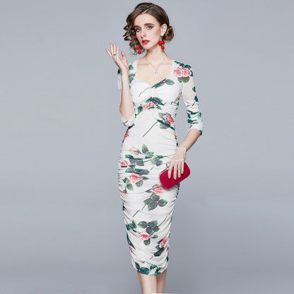 Sexy Square Neckline Pleated Midi Sheath Dresses
