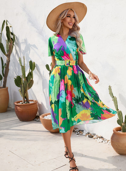 Summer Floral Print Short Sleeves Midi Dresses