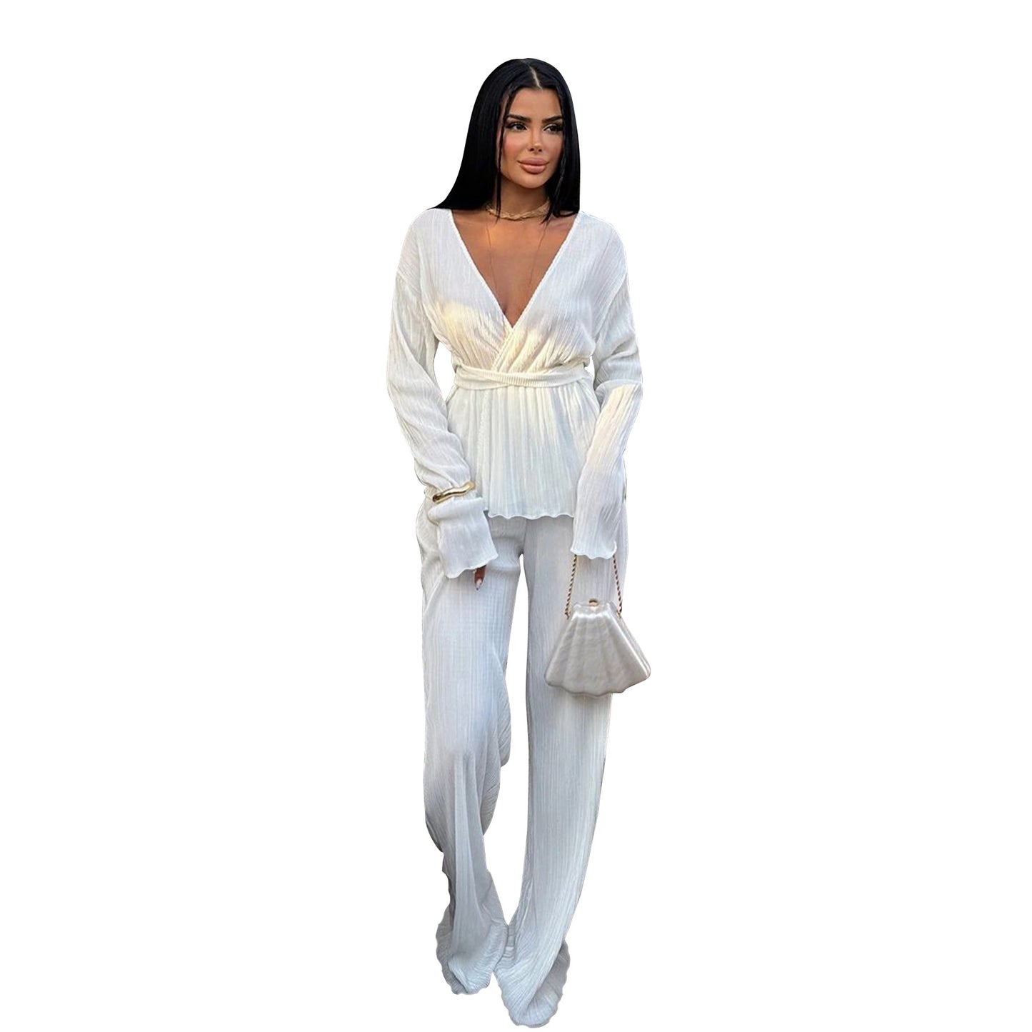 Casual V Neck Long Sleeves Tops and Pants Two Pieces Suits