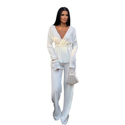 Casual V Neck Long Sleeves Tops and Pants Two Pieces Suits