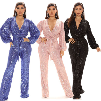 Fashion Sequined V Neck Long Sleeves Tops and Pants
