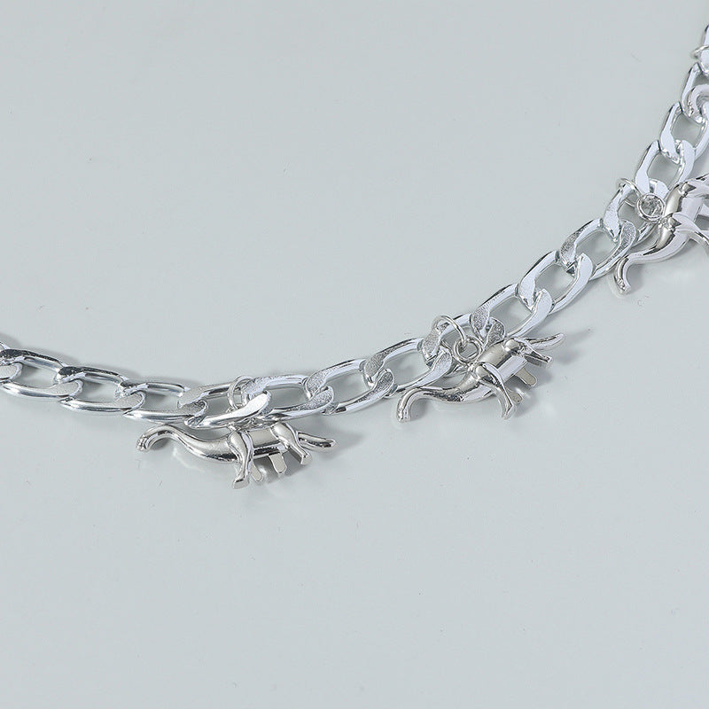 Dinosaur Pendant Men's Cuban Silver Chain Versatile Sweater Necklace