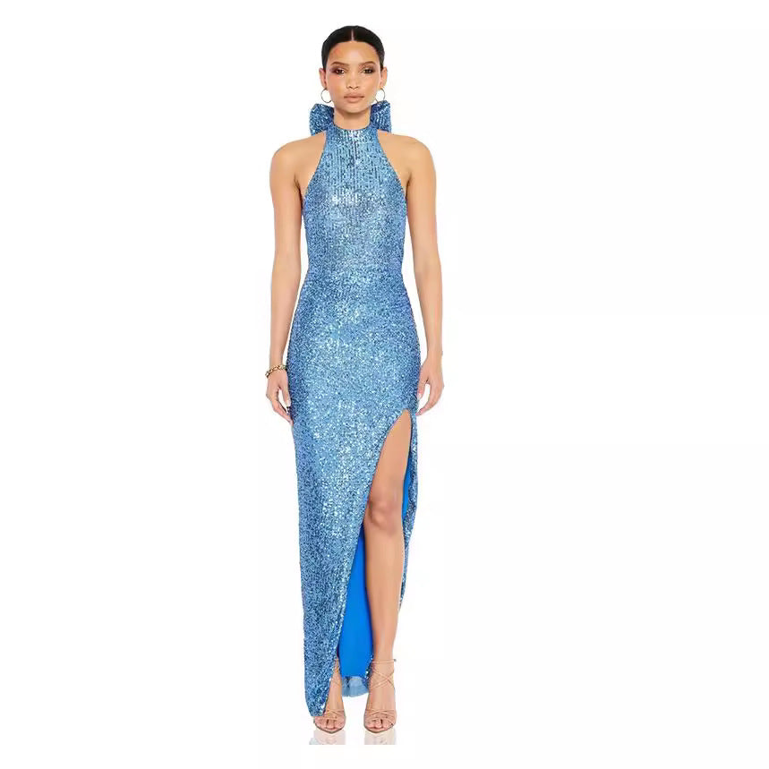 Sexy Sequined Halter Bow Evening Party Dresses