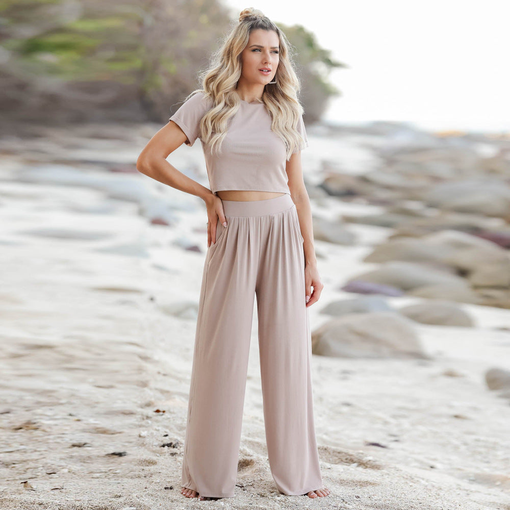 Casual Summer Short Sleeves Shirts & Wide Legs Pants for Women