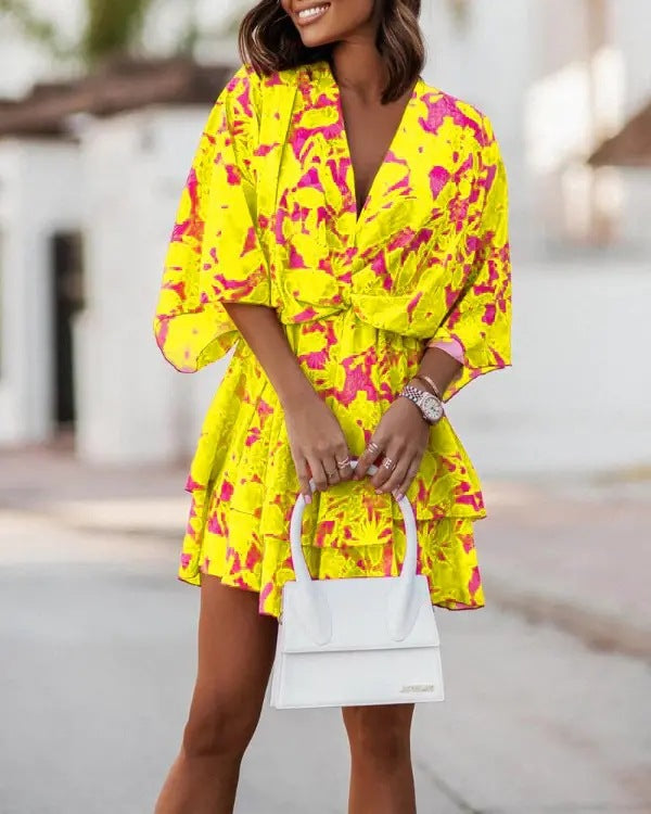 Casual V Neck Bat Sleeves Short Dresses