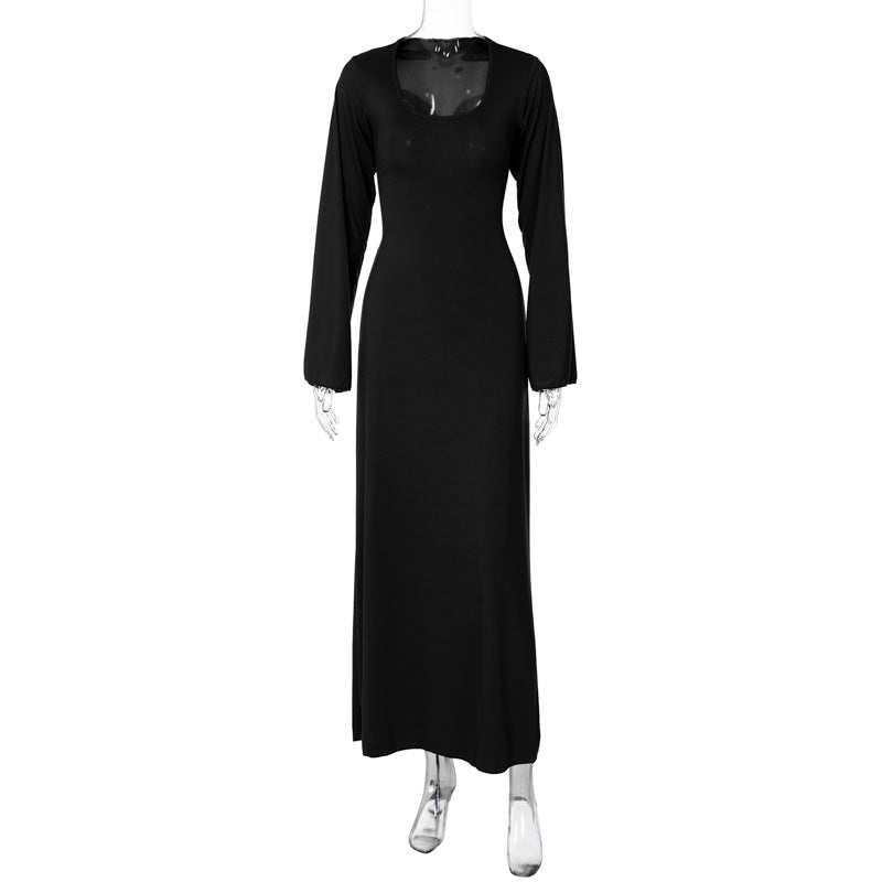 Sexy U Neck Back Lace Up Long Sleeves Dresses
