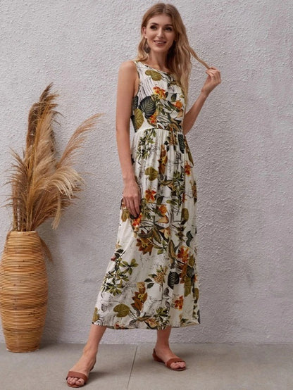 Fashion Floral Print Sleeveless Summer Long Dresses