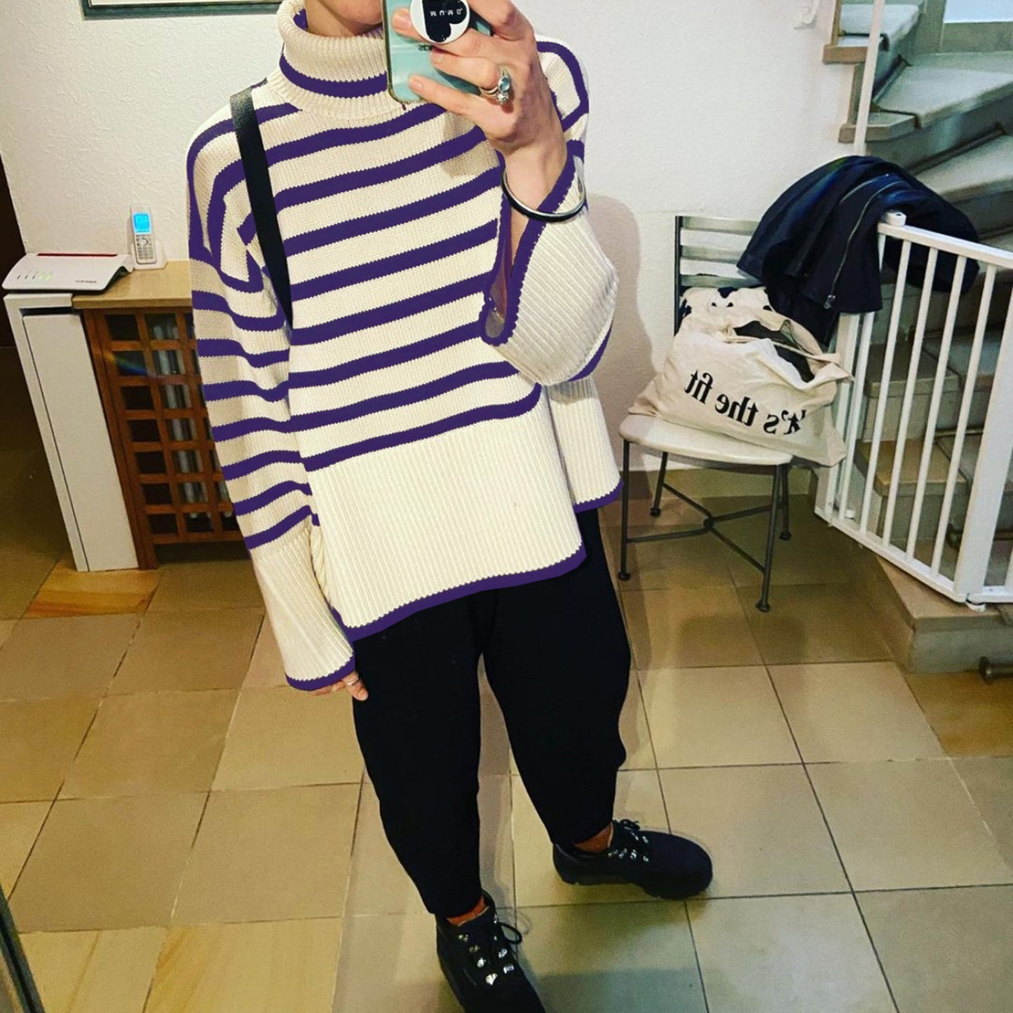 Fashion High Neck Striped Pullover Sweaters