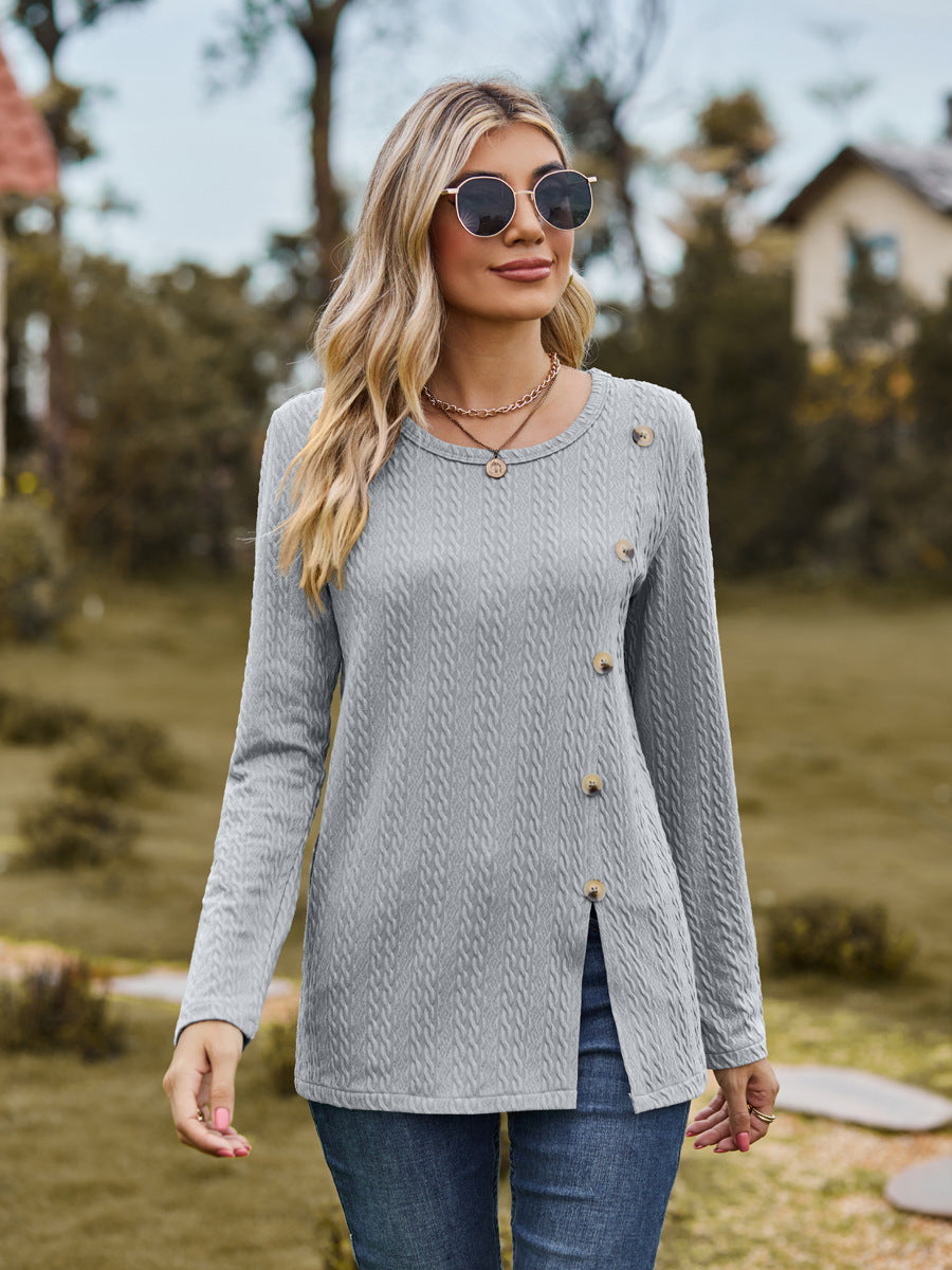 Fashion Round Neckline Button Long Sleeves Shirts