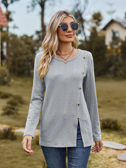 Fashion Round Neckline Button Long Sleeves Shirts