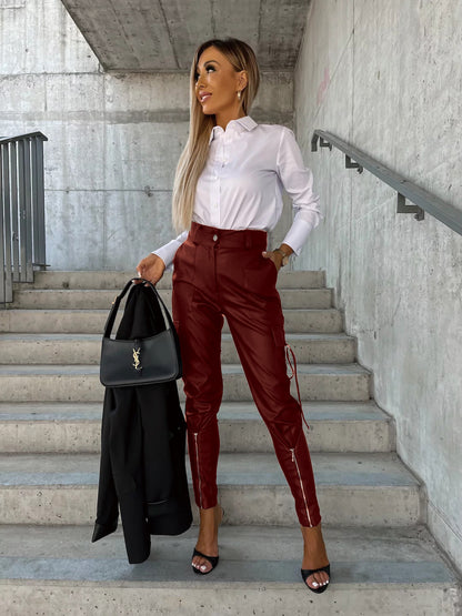 Fashion Pu Leather Slim Waist Women Pants with Pocket
