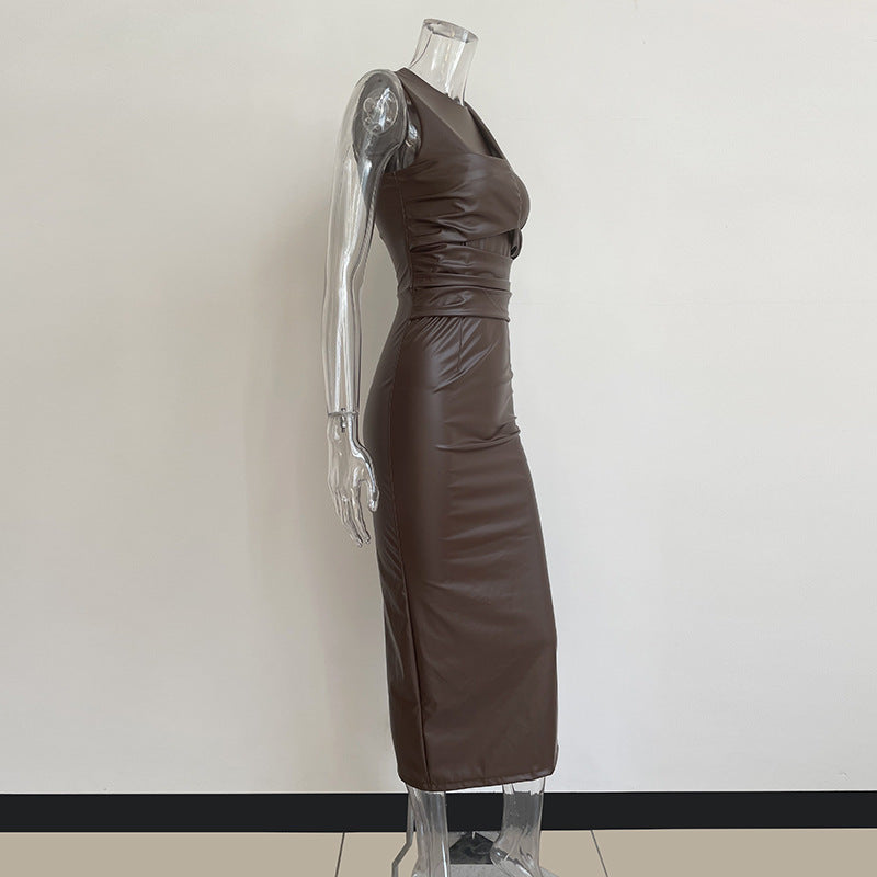 Vintage Irregular PU Leather Sleeveless Long Dresses