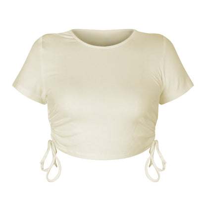Sexy Round Neck Drawstring Midriff Baring Short Sleeves T Shirts