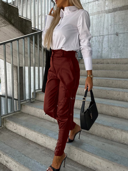 Fashion Pu Leather Slim Waist Women Pants with Pocket