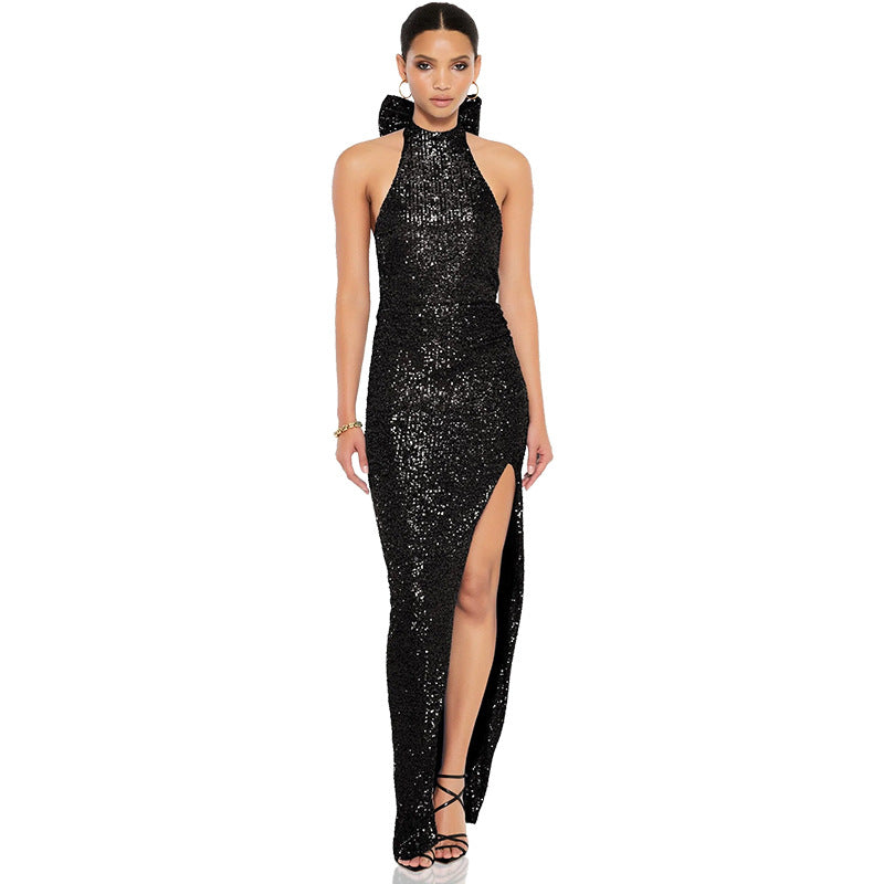 Sexy Sequined Halter Bow Evening Party Dresses