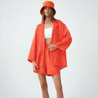 Summer Cotton Long Sleeves Shirts and Shorts Suits
