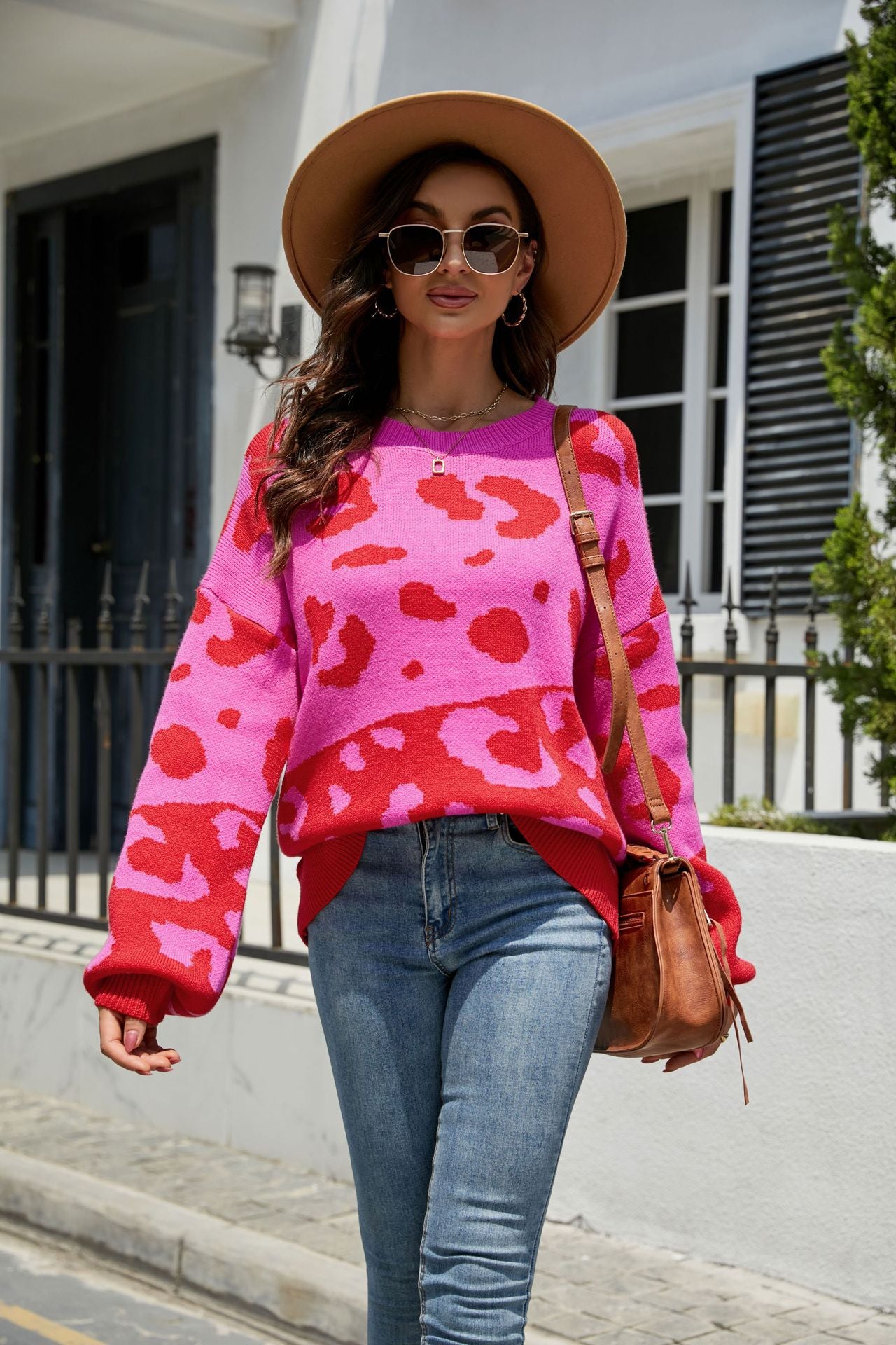 Fashion Round Neck Leopard Knitted Pullover Sweaters
