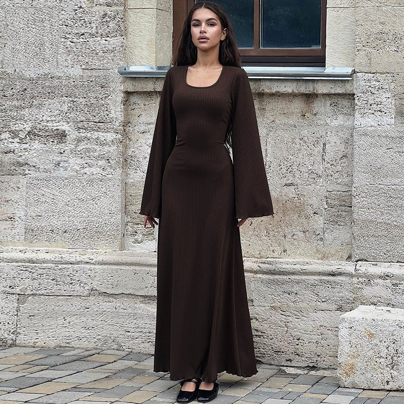 Sexy U Neck Back Lace Up Long Sleeves Dresses