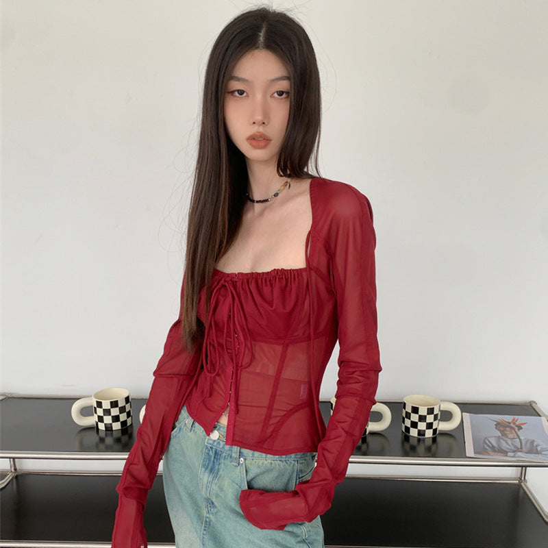 Fashion Square Neckline Tulle Long Sleeves Wine Red Summer Shirts