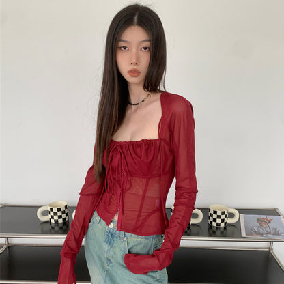 Fashion Square Neckline Tulle Long Sleeves Wine Red Summer Shirts