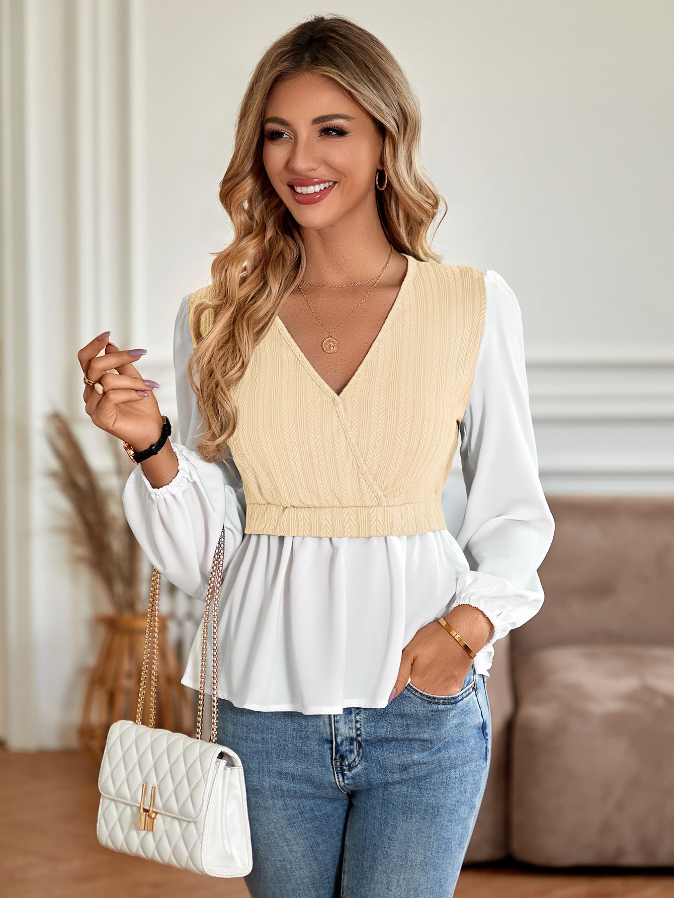 Casual V Neck Women Long Sleeves Fall Tops