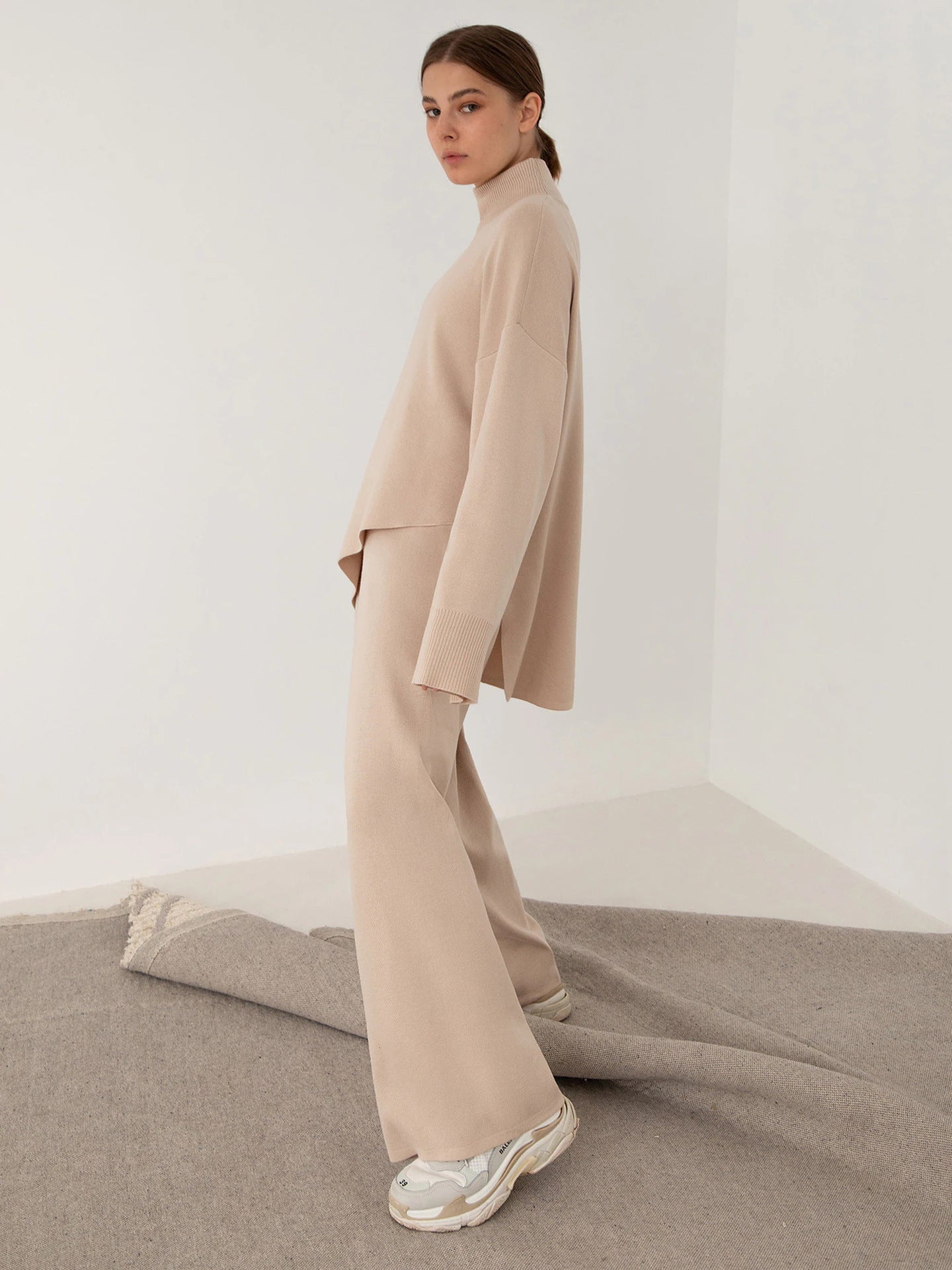 Casual Irregular Pullover Sweaters and Wide Legs Pants Outfits Sets