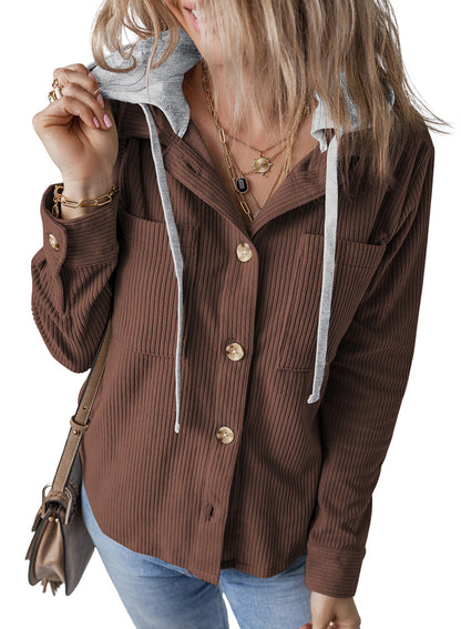Women Lapel Buckle Cardigan Hooded Pull Rope Striped Jacket Coats