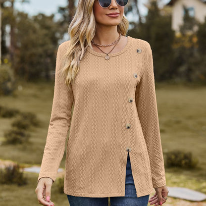 Fashion Round Neckline Button Long Sleeves Shirts