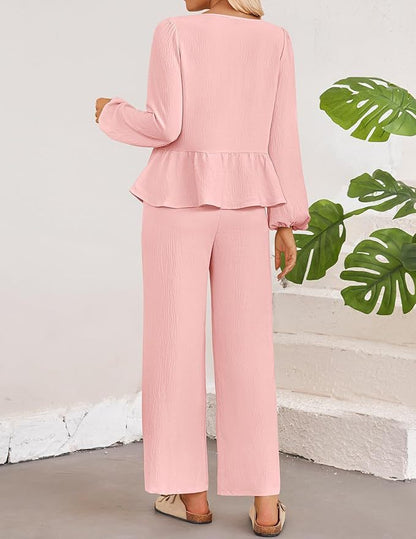 Casual Women Long Sleeves V Neck Shirts and Pants Suits