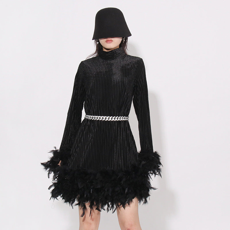 Vintage Feather Design Long Sleeves Short Dresses