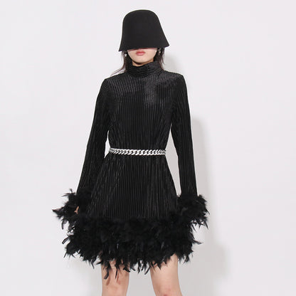 Vintage Feather Design Long Sleeves Short Dresses