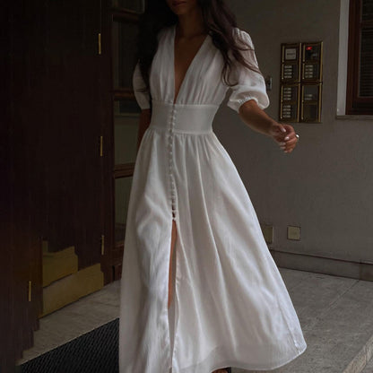 Elegant V Neck Designed Split Front Long Dresses
