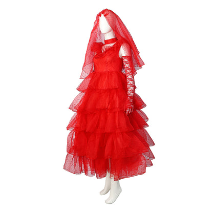 Halloween Beetle Juice Lydia Red Wedding Dress Cosplay Costume Suit